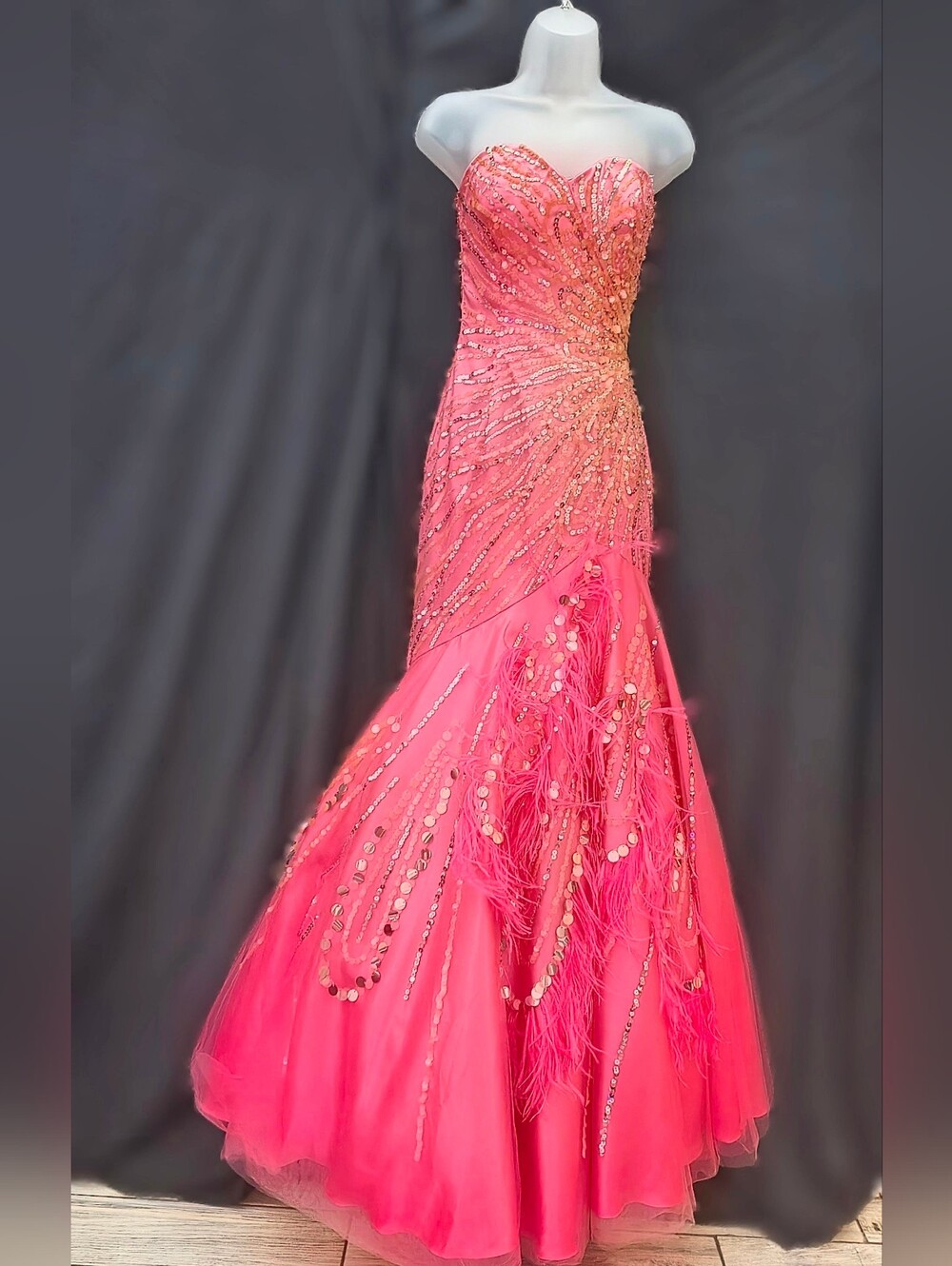 Strapless Pink Sequin & Feather Evening Gown